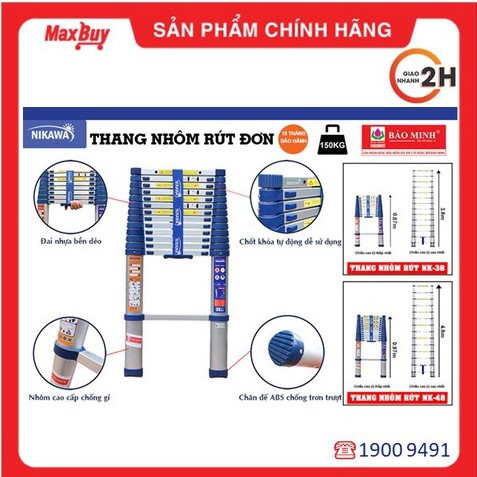 Thang nhôm rút xếp đơn gấp gọn 11 đến 14 bậc 3,2m đến 4,8m nhập khẩu Nhật Nikawa bảo hành 18 tháng NK MAXBUY hỏa tốc HN