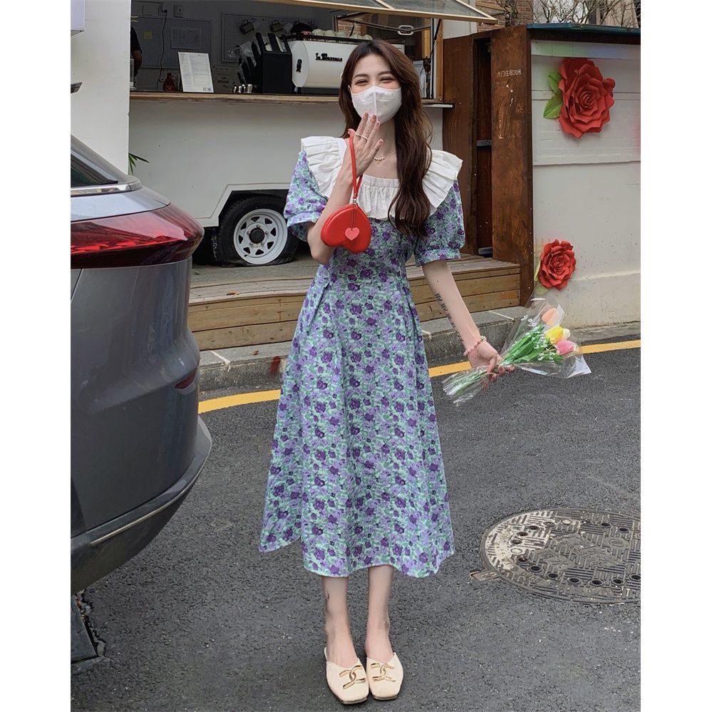 Đầm Hoa Tay Phồng Nhấn Eo Phong Cách retro Pháp Nữ Tính