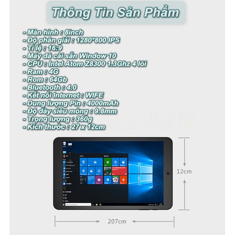 Máy tính bảng 8inch chip Intel 4 nhân chạy Win10 64Gb Ram 4G 4000mAh Tặng kèm bàn phím Bluetooth