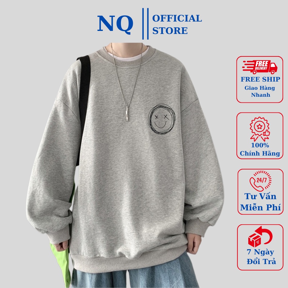 Áo Sweater form rộng vải nỉ , áo nỉ unisex bông siêu dày in hình mặt cười VN siêu đẹp