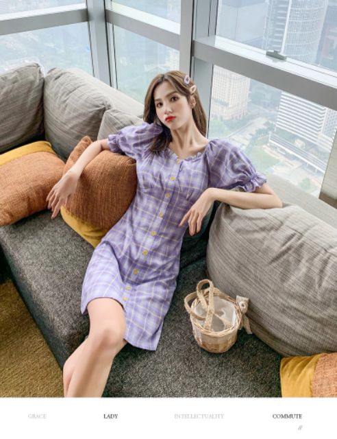 [FREESHIP] váy kẻ karo màu tím  cúp ngực cao cấp | BigBuy360 - bigbuy360.vn