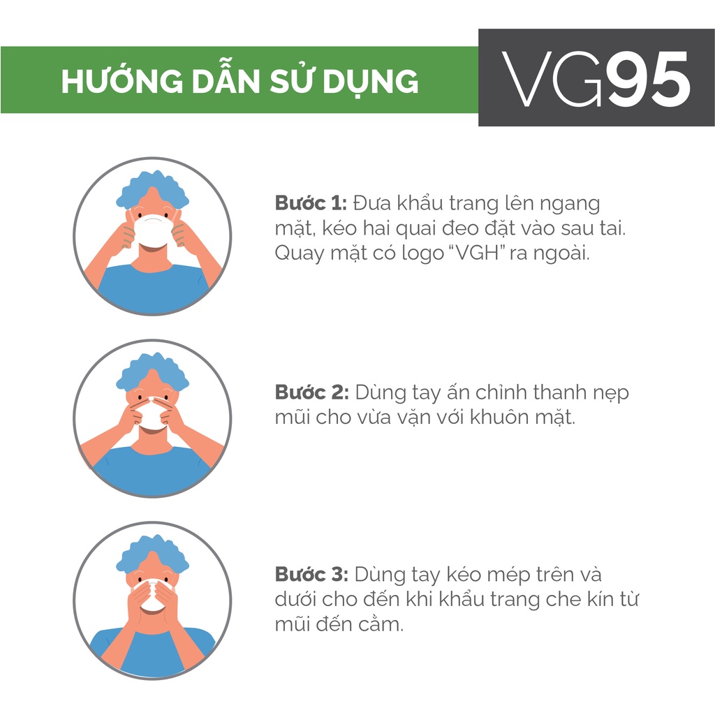 Khẩu trang VG95 3S thiết kế 3D, kháng khuẩn, thoải mái, nút chỉnh quai tai - Chính hãng VG Healthcare - Hộp 5 chiếc