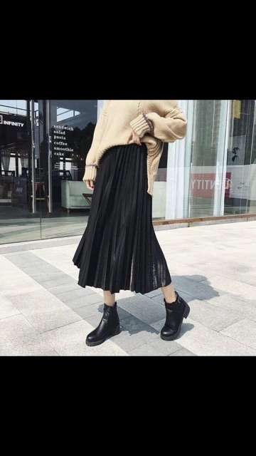 Chân váy xếp li dáng dài ánh nhũ