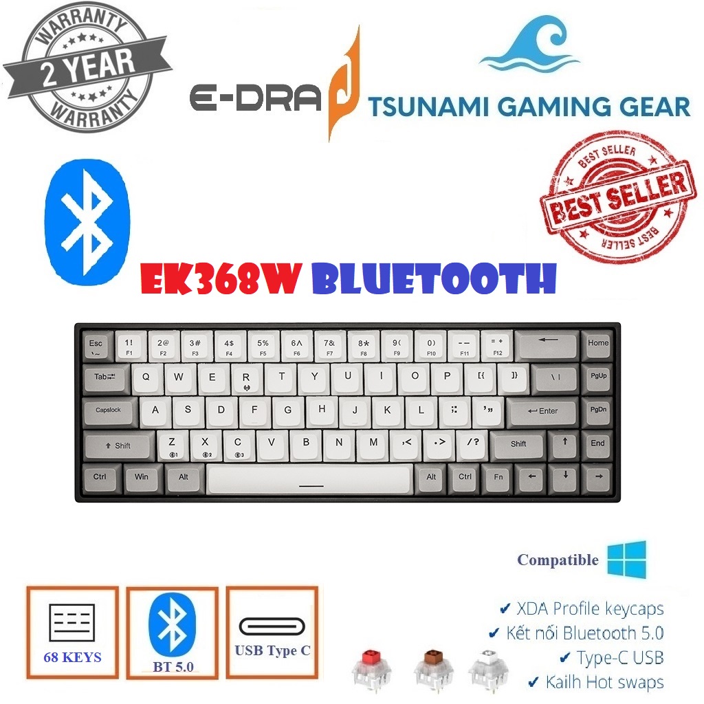 Bàn phím cơ không dây EDRA EK368W Hotswap/ Bluetooth/ TypeC Hàng chính hãng