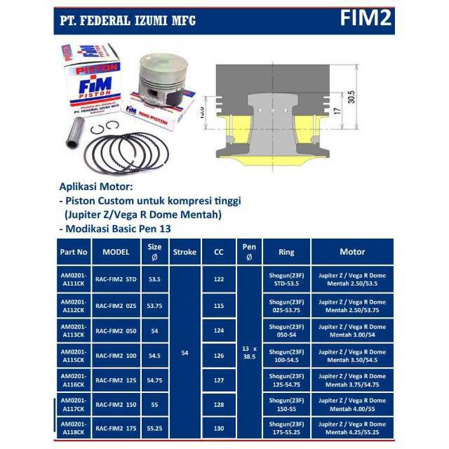 Bộ Pít Tông Fim Jupiter Z, Vega R Pen 13 Ukr 53.5, 53.75, 54.5, 54.75, 55 .25 mm Raw