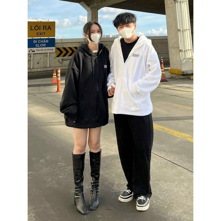 Áo hoodie unisex cặp đôi dây khóa kéo - áo khoác nỉ chống nắng có mũ - áo khoác basic màu đen, trắng
