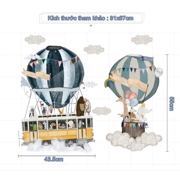 Decal trang trí tường - 2 Chiếc khinh khí cầu và những bạn thú
