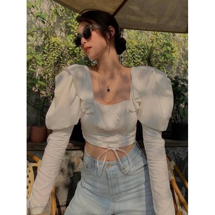 Áo Cổ Vuông Tay Phồng Dây Thắt Eo