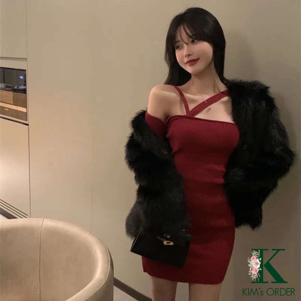 Đầm len body màu đỏ đen dây chéo trễ vai dài tay ôm sát sexy sang chảnh sành điệu mặc Noel Tết chất đẹp loại 1 co dãn