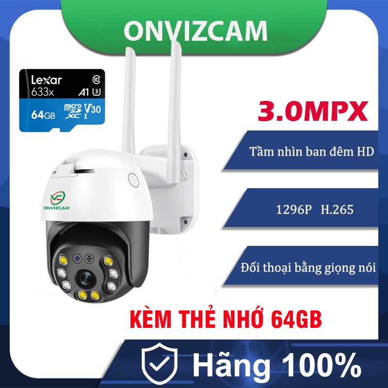 Camera WIFI Carecam Ptz Ngoài trời ONVIZCAM 3.0MP &amp; Thẻ nhớ Lexar 128GB 64GB 32GB