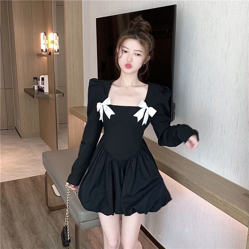 Đầm tay dài cổ thắt nơ phối màu tương phản phong cách Pháp ngọt ngào thời trang thu đông mới cho nữ 2021