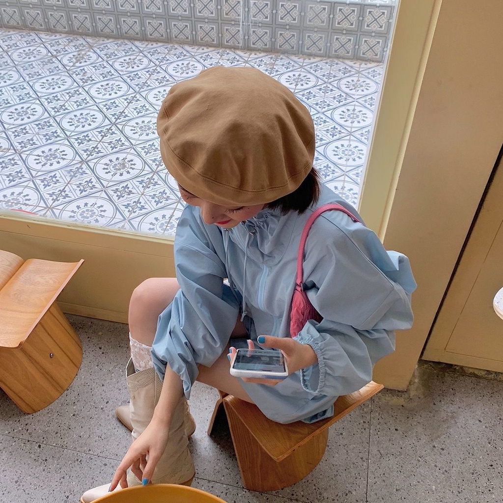 Mũ Beret Da pu Màu Trơn Thời Trang Vintage Nhật Hàn Cho Nữ