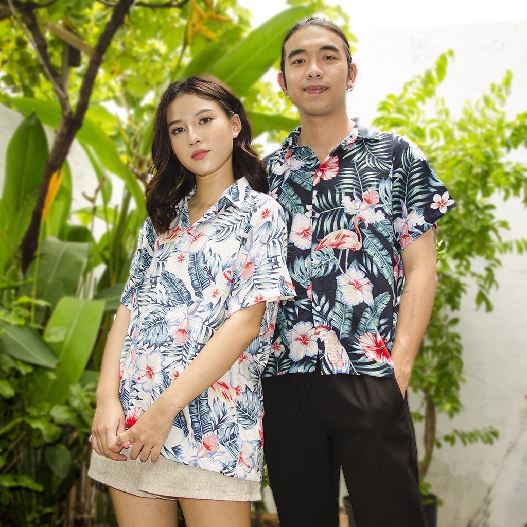 Áo sơ mi đi biển - hoa hạc - sơ mi hawaii , đồ đi biển , đồng phục đi biển vãi đũi