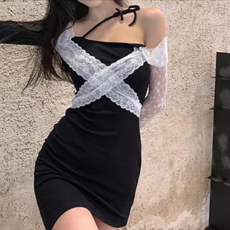 Đầm kiểu ngắn nữ trễ vai tay dài dây yếm chéo vai ôm sát body phối ren - Order taobao quảng châu