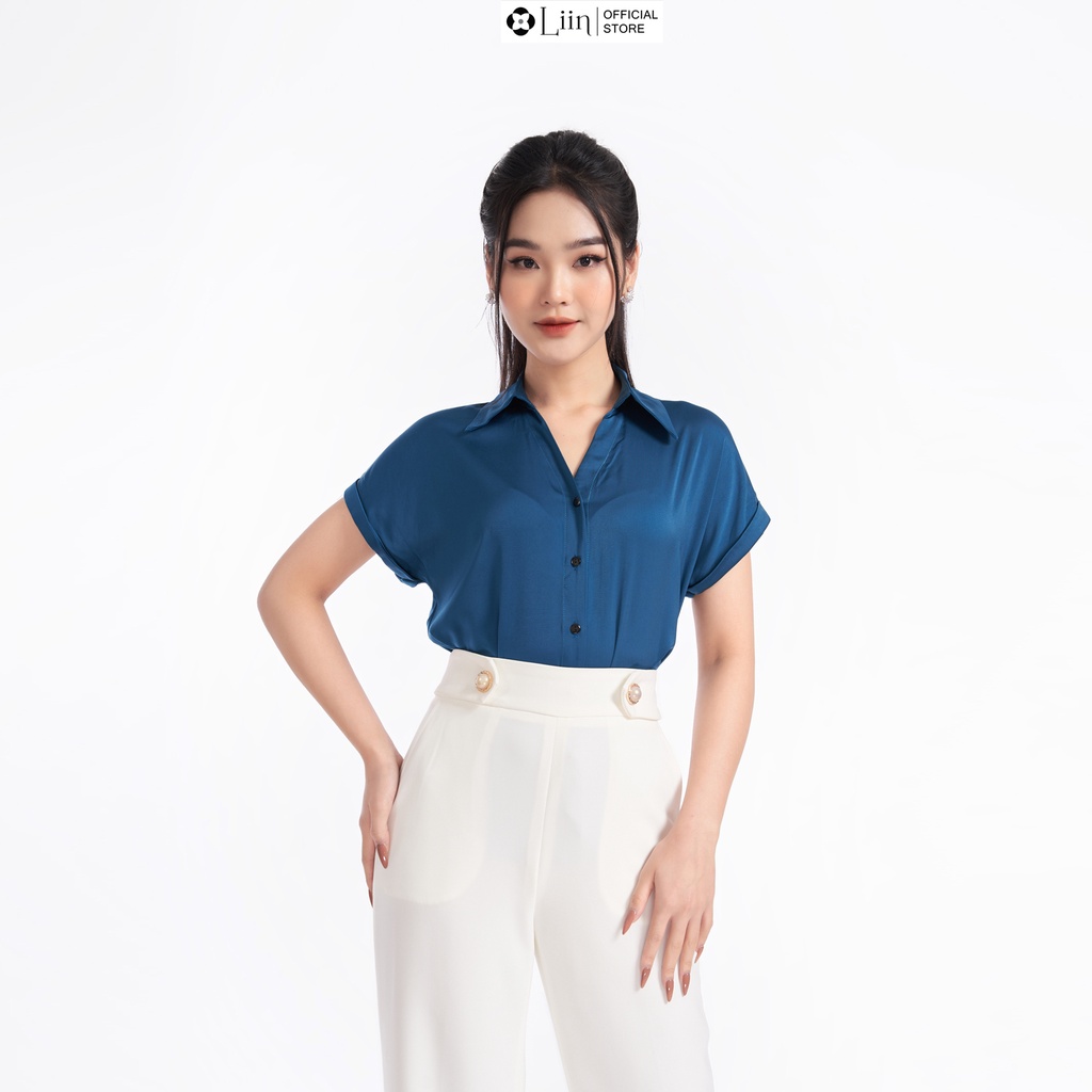 Áo sơ mi linbi màu xanh cô ban chất lụa đẹp, mặc mát, dễ phối đồ liin clothing SM3290