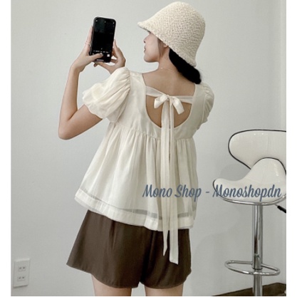 Áo babydoll voan buộc nơ mix quần sooc nâu áo vải voan tơ mix quần chất kaki