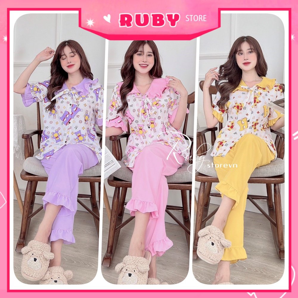 Đồ bộ tiểu thư cho nữ mặc nhà chất kate mềm mát in hình gấu hoạt hình dễ thương DBKIHTN79