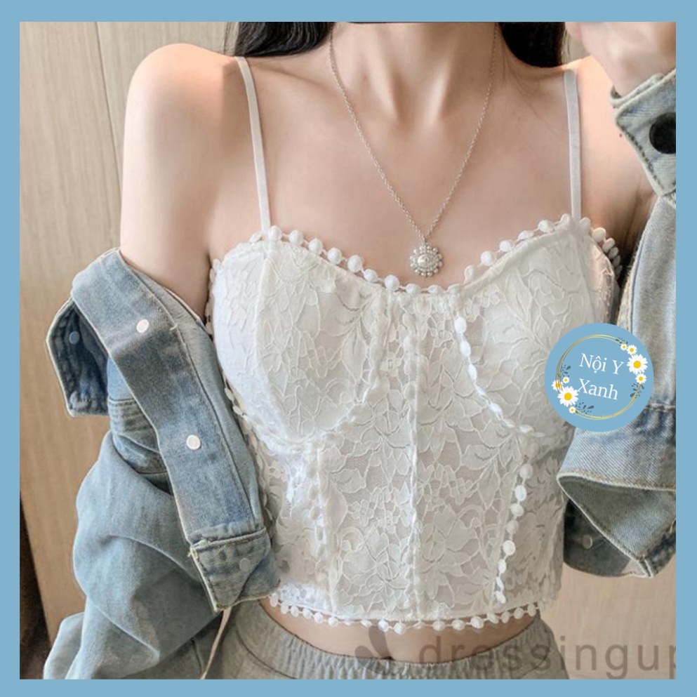 Áo Hai Dây Phối Ren Hoa Màu Trơn Có Đệm Ngực Tháo Rời Màu Đen/Trắng Thời Trang Mùa Hè Cho Nữ nội y xanh chất cực đẹp, sa