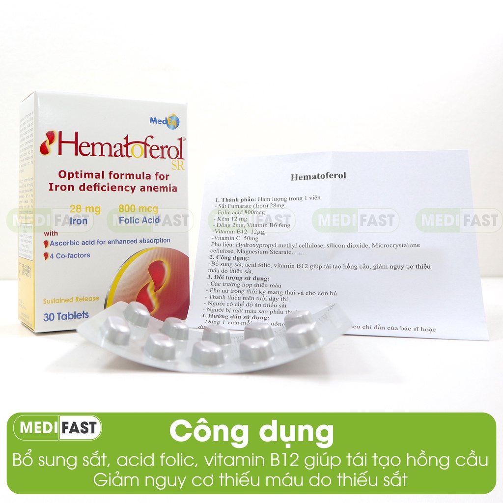 Bổ sung sắt hữu cơ Hematoferol, Vitamin B, acid folic cho cả mẹ và bé, giúp tái tạo hồng cầu Nhập khẩu Châu Âu - Hộp 30v
