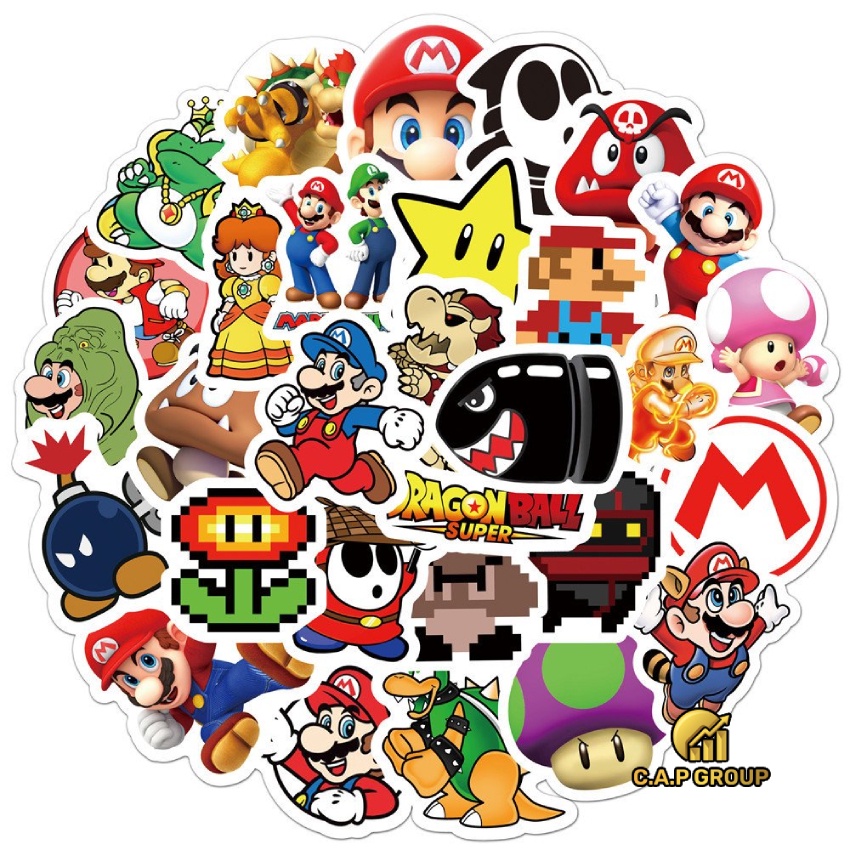 Set 50 hình dán Sticker Super Mario chống nước dán mũ bảo hiểm laptop xe máy