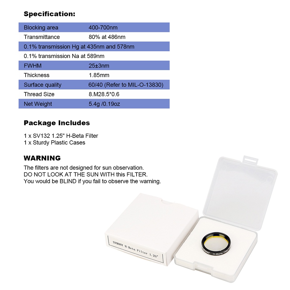 Bộ lọc kính viễn vọng Svbony SV132 H-Beta 25nm 1.25 inch ngắm tinh vân Đầu Ngựa và tinh vân Thiên Nga