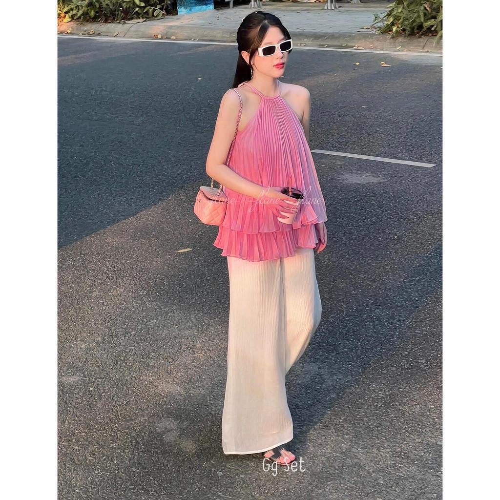 sét bộ dài suông áo dập ly cổ yếm hot