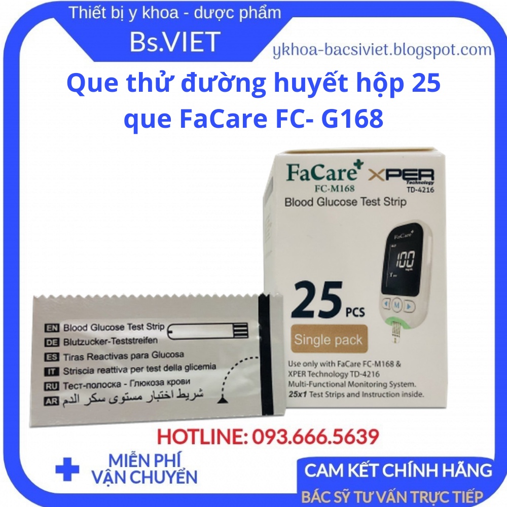 Que thử đường huyết hộp 25 que dùng cho máy đo đường huyết Facare FC- G168 - Hộp 25 que test đường huyết -Bsviet