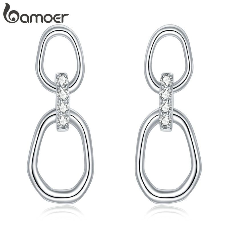 Bông Tai Bamoer SCE1016 Kiểu Hình Học Bạc 925 Thiết Kế 2 Hình Tròn Có Thể Làm Mặt Dây Chuyền Cho Nữ CZ