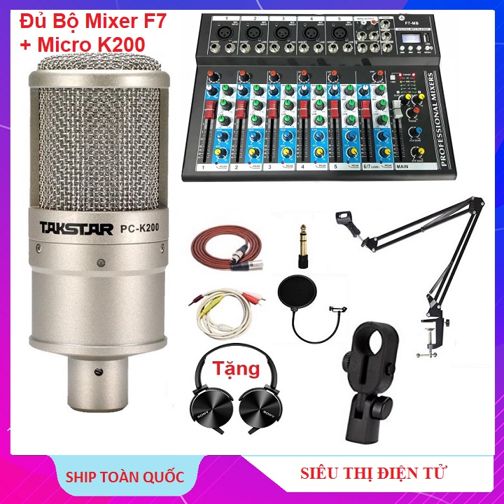 Đủ Bộ Mixer F7 MB Bluetooth, Micro PC-K200 Chính Hãng Takstar - Tặng Tai Nghe XB 450 - Đủ Phụ Kiện Gồm 8 Món