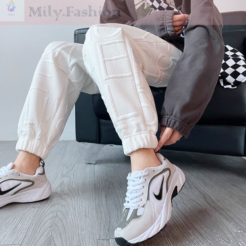 Quần thể thao lưng cao ống rộng họa tiết chữ nổi phong cách Hàn Quốc năng động dành cho nữ