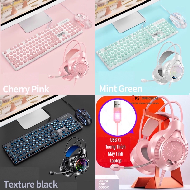 Bàn Phím V8 Và Chuột G5 Tai Nghe Chụp Tai Q7 Gaming YINOIAO Nút Tròn Đèn LED Xuyên Chữ Có 3 Màu Xanh, Hồng, Đen