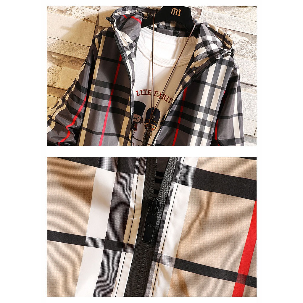 Áo Khoác Hoodie Burberry Dáng Rộng Kẻ Sọc Ca Rô Kiểu Nhật Bản Cá Tính Cho Nam