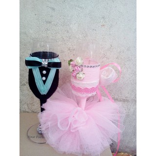 Cặp ly giao bôi Handmade trang trí cô dâu- chú rể tông xanh hồng LL002