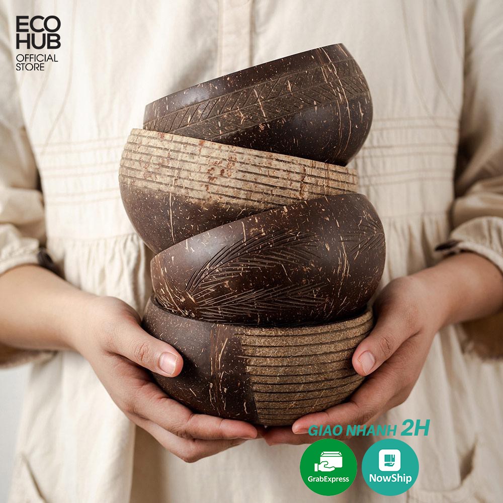Bát gáo dừa ECOHUB khắc hoa văn, 3 mẫu. (Coconut Bowls Family Set) | EH012