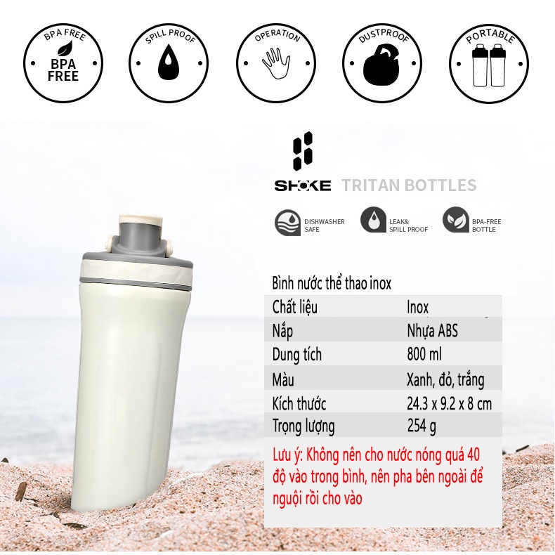 Bình nước thể thao tập gym kết hợp bình lắc whey shaker inox 304 dung tích 800ml CLEACCO dòng SHOKE - Hàng chính hãng