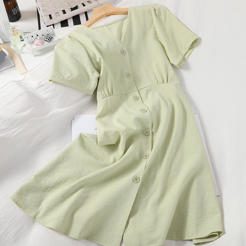 Váy Nữ Cộc Tay Cổ V Thắt Nơ Eo Chất Cotton Trơn Nhiều Màu Hàng Quảng Châu Loại 1 D03