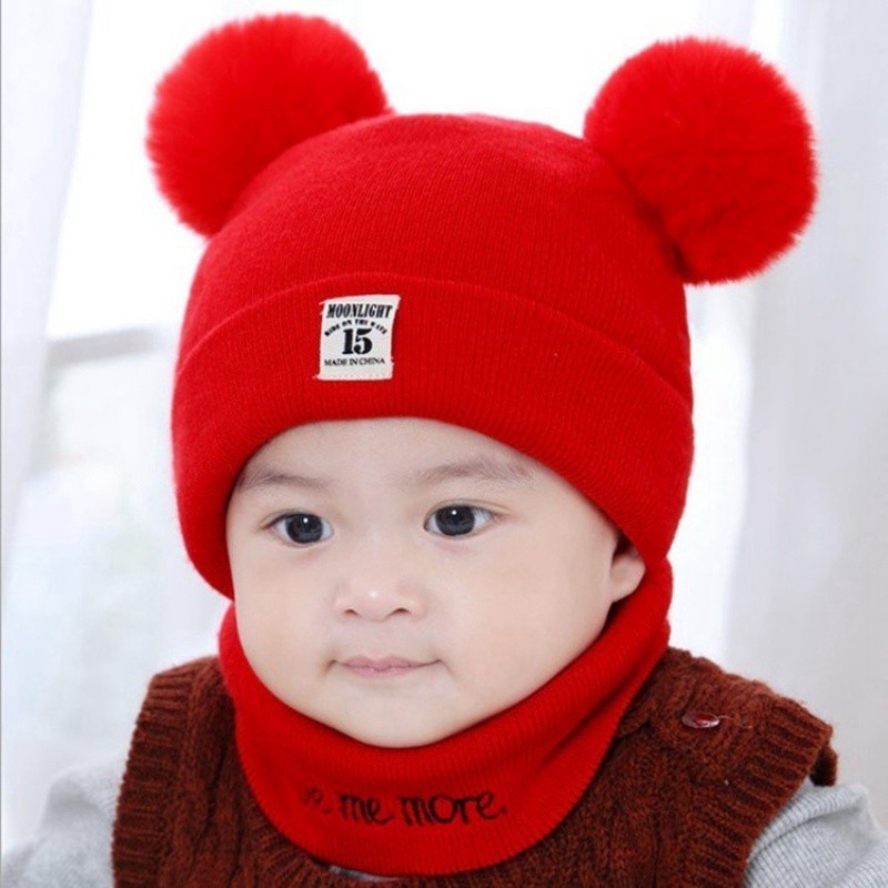 Mũ dệt kim phối bóng xù kép và khăn choàng giữ ấm cho bé