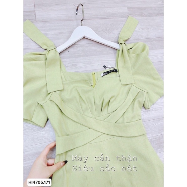 Váy đầm nữ màu xanh bơ nơ vai tay bồng chéo eo hàng chuẩn loại 1 | BigBuy360 - bigbuy360.vn