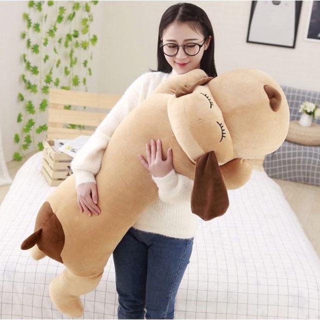 Gấu Bông Chó Ngủ Mũi Tim Tai Dài, Gối Ôm Hình Thú Nhồi Bông Vải Co Giãn 4 Chiều Mềm Size 90cm 1m2