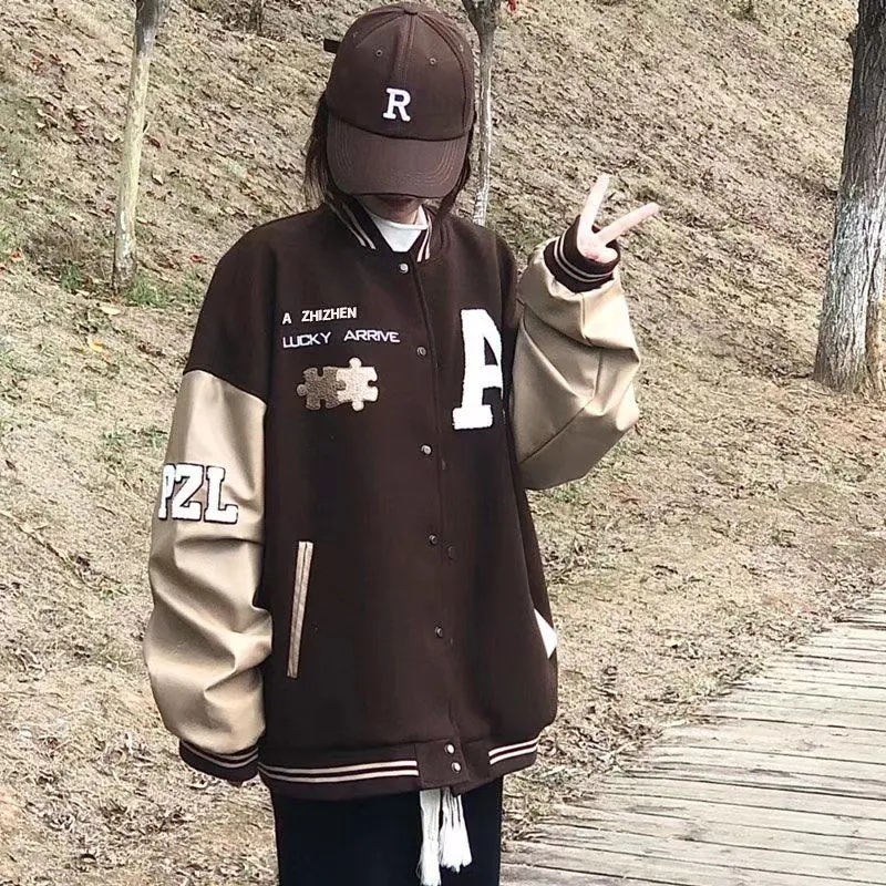 [MURIOKI] Áo Khoác Bóng Chày Họa Tiết Thêu Màu Cà Phê Phong Cách retro Thời Trang Xuân Thu 2022 Mới