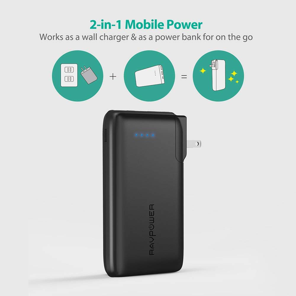 Pin Sạc Dự Phòng RAVPower RP-PB066 10000mAh Tích Hợp Cổng Sạc AC Dạng Gập Linh Hoạt