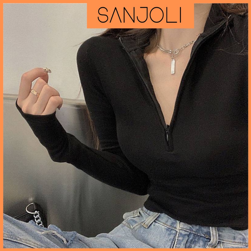 Áo Croptop Có Cổ Tay Dài SANJOLI Áo Croptop Ôm Body Nữ Kiểu Dài Tay Thiết Kế Khoét Ngực Cổ V Có Dây Kéo Sexy AO051