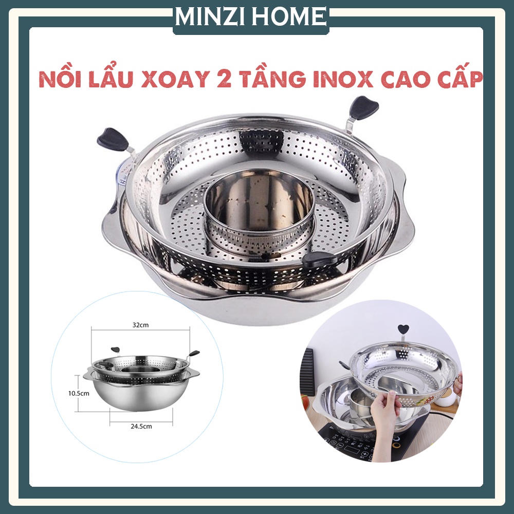 Nồi Lẩu Xoay 2 Trong 1 Inox Cao Cấp Nhập Khẩu Hàn Quốc Thiết Kế Thông Minh, 2 Ngăn Inox Chia Tầng Tiện Lợi