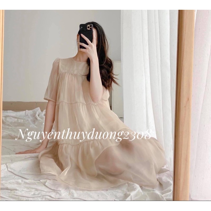 [Ảnh thật/Sẵn]Váy voan tơ Zumi dress dáng suông/Đầm voan tơ xếp tầng 2 lớp