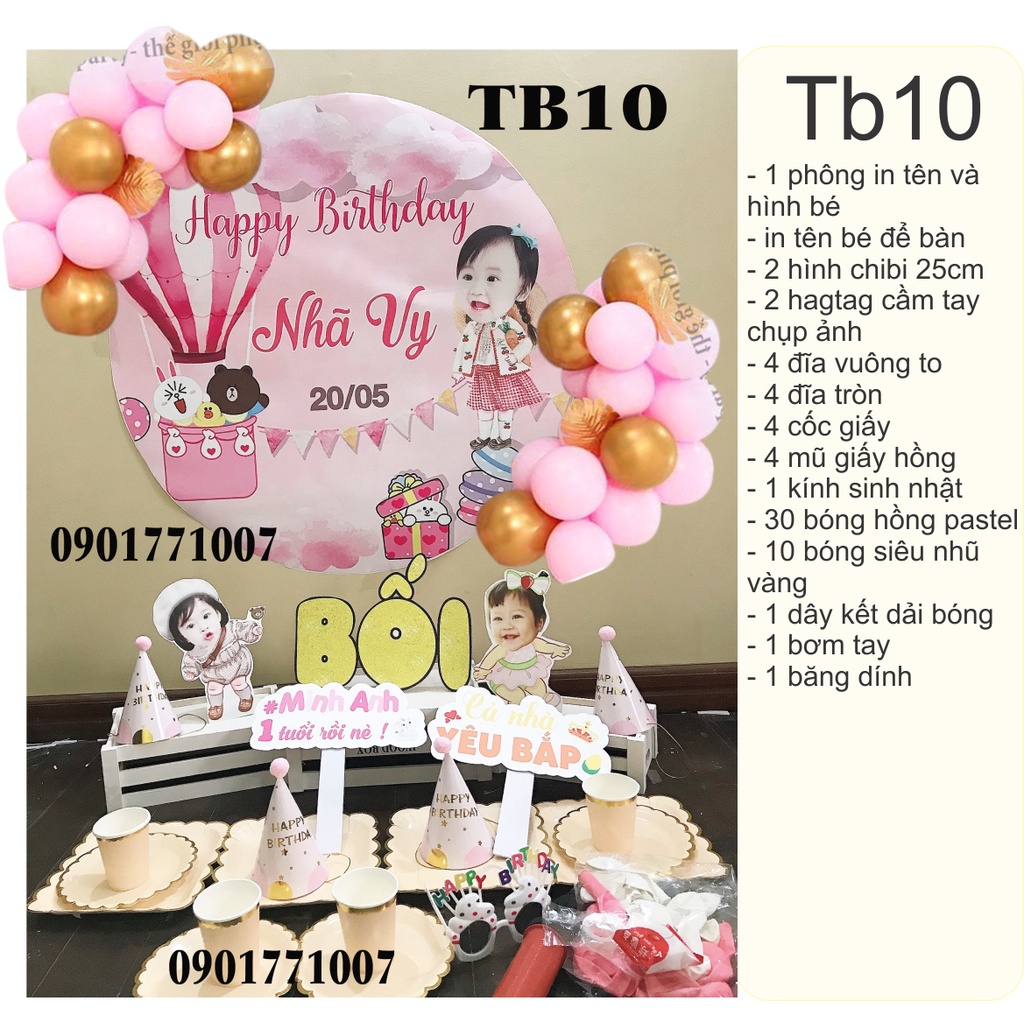 Set trang trí sinh nhật Mon Party combo phụ kiện sinh nhật cho bé 1 tuổi kèm hình chibi, bóng bay đầy đủ