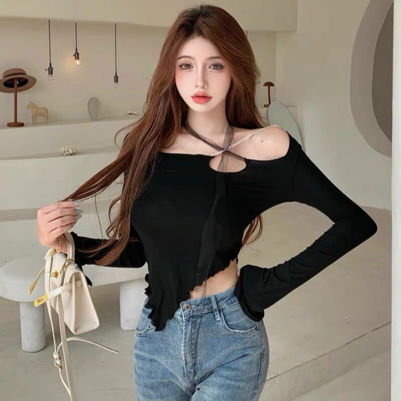 (Video thật) Áo Thun Dây Khoét Cổ Vạt Nhọn Tay Dài
