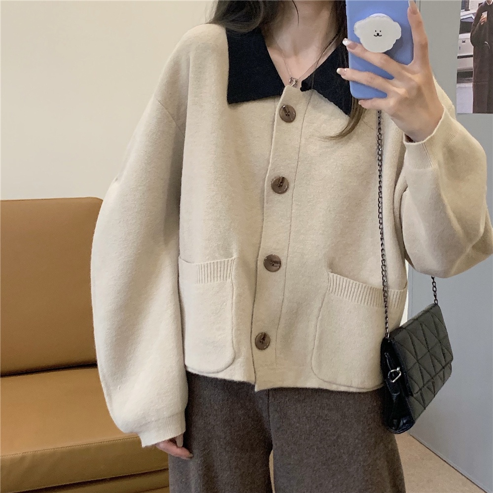 Áo khoác Cardigan dệt kim tay dài 173759Áo Sweater cổ POLO dáng rộng phối nút màu sắc trẻ trung xinh xắn | BigBuy360 - bigbuy360.vn