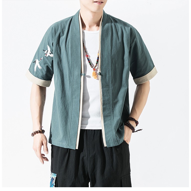 Áo Khoác Thô Đũi Nam Phong Cách Nhật Thêu Hạc Trên Vai | BigBuy360 - bigbuy360.vn