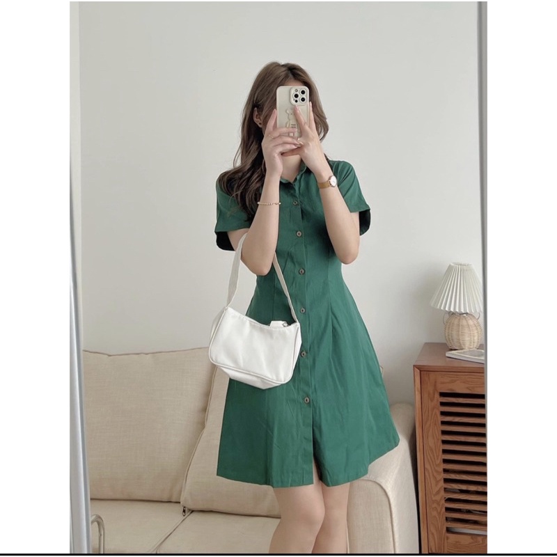 Váy Kaki 2 Da Cúc Gỗ Tay Ngắn Chun Eo Sau Mặc Đi Tiệc Đi Chơi