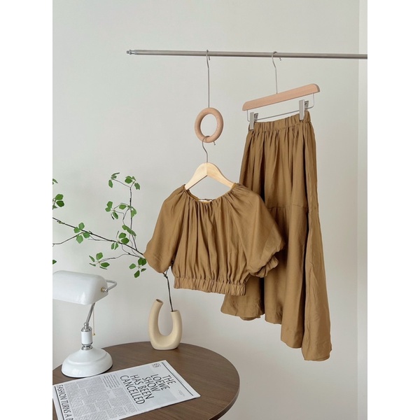 Set áo croptop đũi tay bồng 2 lớp bo chun kèm chân váy dài S352 SUSTORE